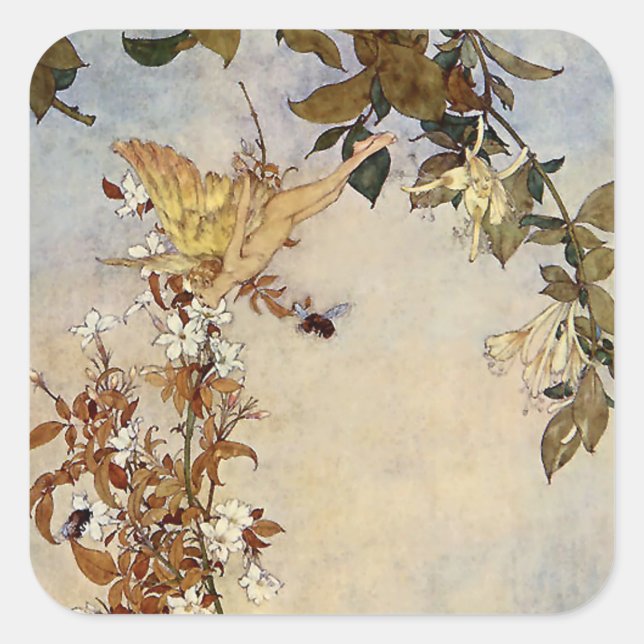 Pegatina Cuadrada "Ariel y la abeja" de Edmund Dulac (Anverso)