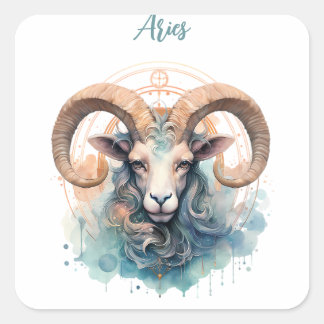 Pegatina Cuadrada Aries Astrología signo zodiaco de Aries en acuarel
