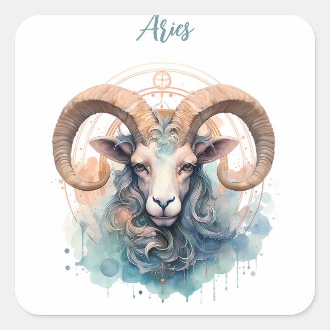 Pegatina Cuadrada Aries Astrología signo zodiaco de Aries en acuarel (Anverso)