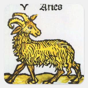 Pegatina Cuadrada Aries el Carnero Dorado, Signos Vintage del Zodiac