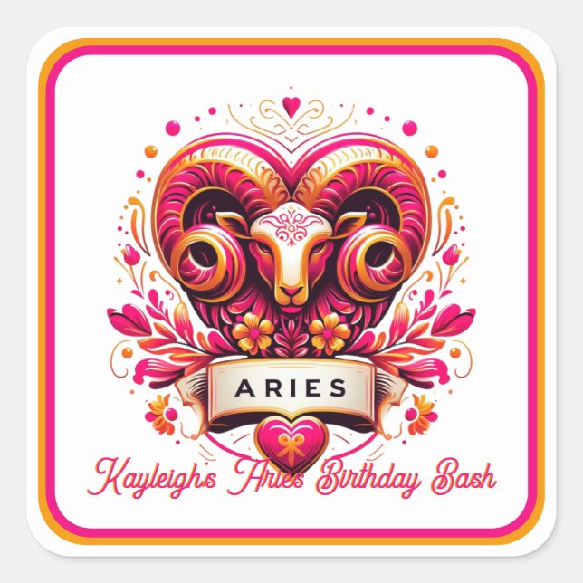 Pegatina Cuadrada Aries Zodiac Rótulo Rosa y Naranja Ram Cumpleaños (Anverso)