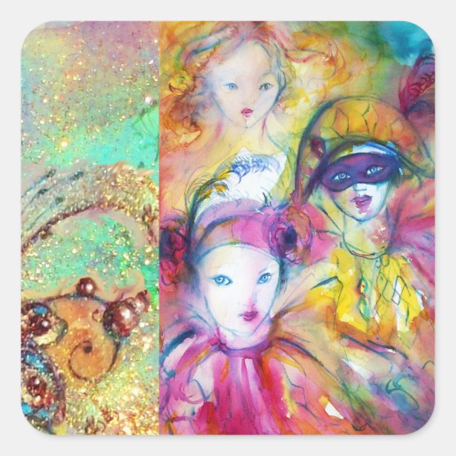 PEGATINA CUADRADA ARLECCHINO PIERO Y COLOMBINA MASQUERADE FIESTA (Anverso)