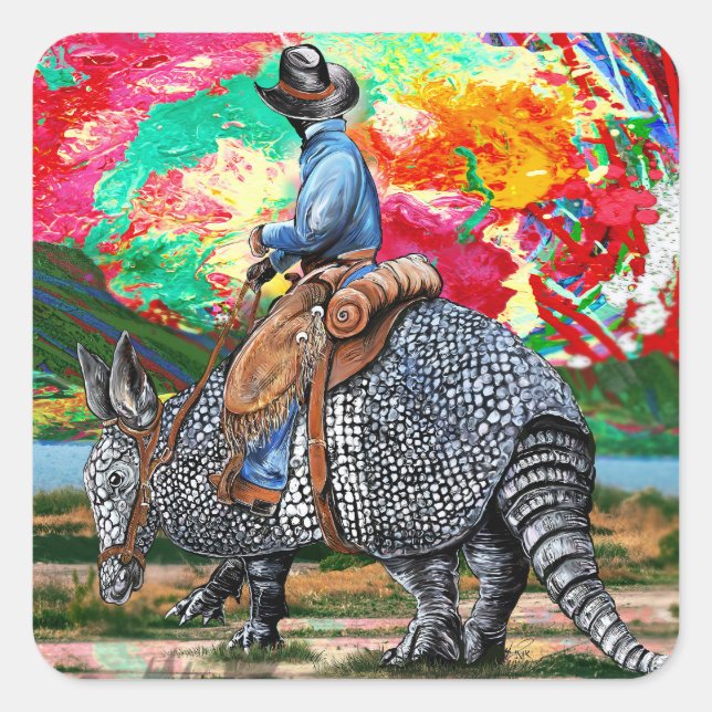 Pegatina Cuadrada Armadillo Cowboy (Anverso)