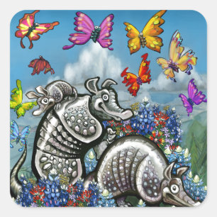 Pegatina Cuadrada Armadillos Bluebonnets Mariposas Flores silvestres
