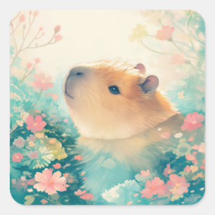 Pegatina Cuadrada Armonía de los jardines de Capybara cerca del agua