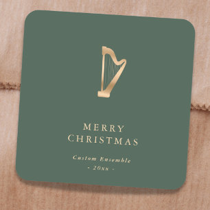 Pegatina Cuadrada Arpa de Música Dorada Elegante Navidad Verde