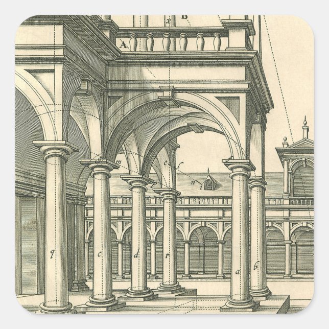 Pegatina Cuadrada Arquitectura de época, patio romano con columnas (Anverso)
