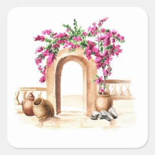 Pegatina Cuadrada arquitectura mediterránea, flores, acuarela, h