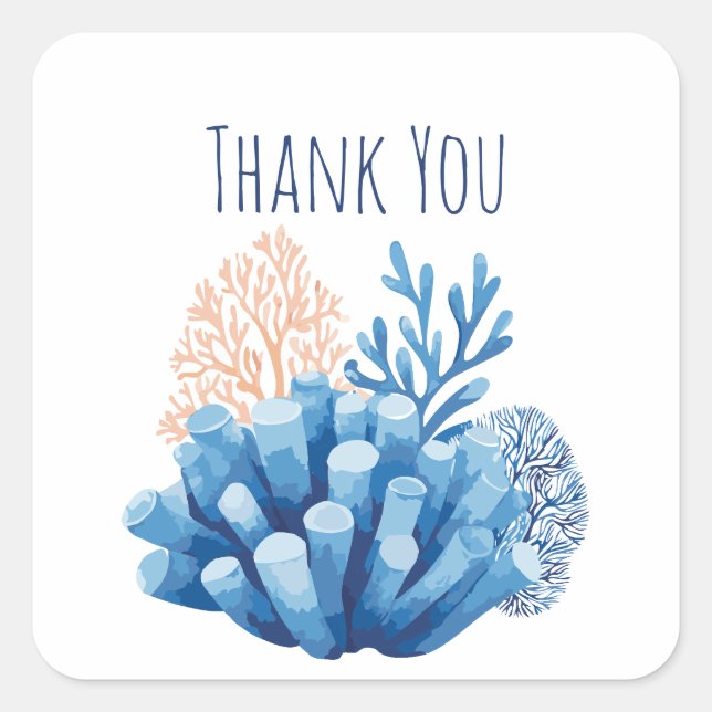 Pegatina Cuadrada Arrecife de Coral Acuarela Azul Gracias (Anverso)