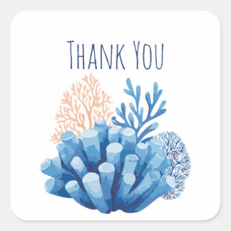 Pegatina Cuadrada Arrecife de Coral Acuarela Azul Gracias