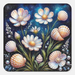 Pegatina Cuadrada Arreglo floral elegante con conchas marinas