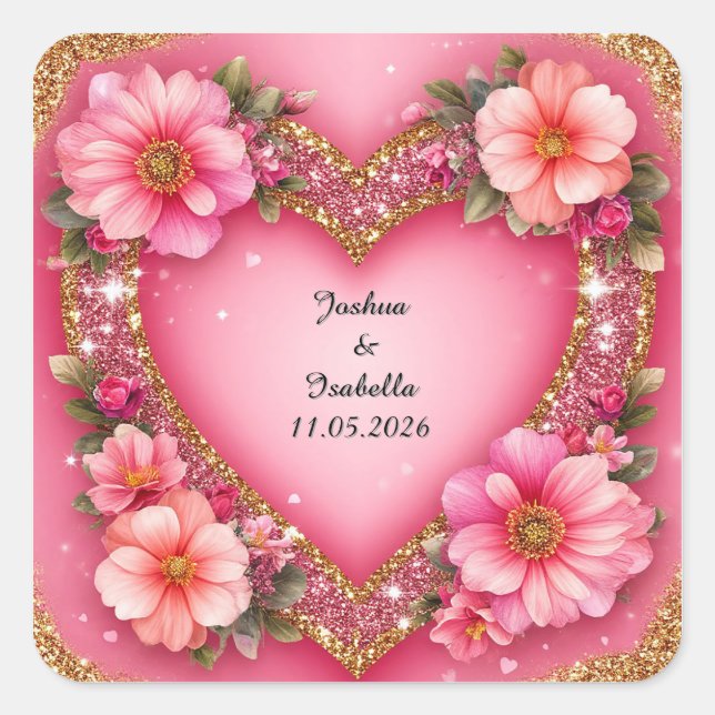 Pegatina Cuadrada Arreglo Floral en Forma de Corazón (Anverso)