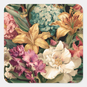 Pegatina Cuadrada Arreglo Floral Vintage Vibrante