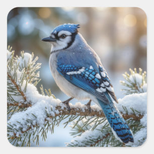 Pegatina Cuadrada Arrendajo azul posado en un pino nevado
