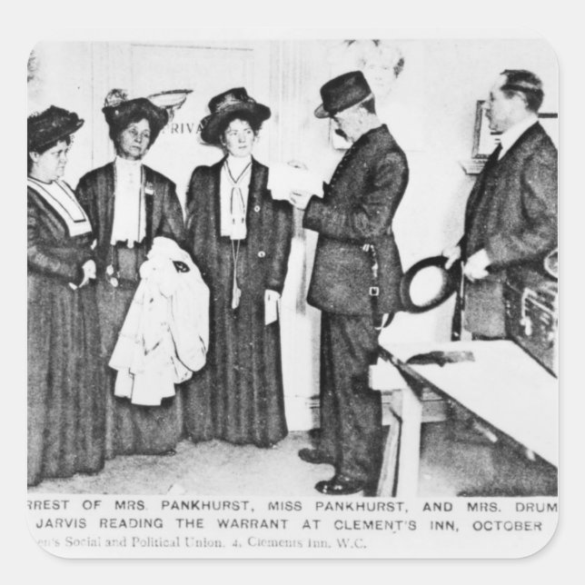 Pegatina Cuadrada Arresto de la Sra. Pankhurst (Anverso)