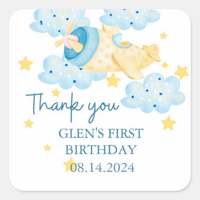 Pegatina Cuadrada Arriba y lejos avión amarillo Gracias (Anverso)