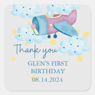 Pegatina Cuadrada Arriba y lejos avión morado Gracias