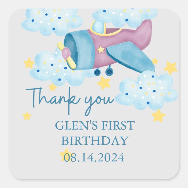 Pegatina Cuadrada Arriba y lejos avión morado Gracias (Anverso)