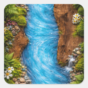 Pegatina Cuadrada Arroyo Sereno del Bosque Arte de Agua de la Natura