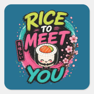Pegatina Cuadrada Arroz para Conocerte – Diseño de Sushi Kawaii Lind