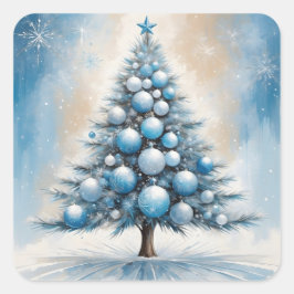 Pegatina Cuadrada Art Deco Árbol de Navidad Azul Ornamentos Lujosos