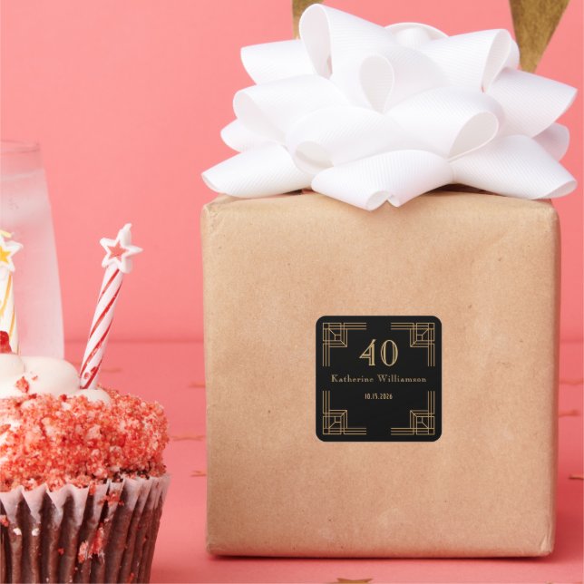 Pegatina Cuadrada Art Deco Birthday Black Gold Roaring 20's (Fiesta)