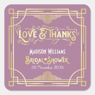 Pegatina Cuadrada Art Deco Bridal Shower Gold Lilac Amor y Gracias