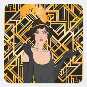 Pegatina Cuadrada art deco, chica de aletas, vintage, gran Gatsby, m