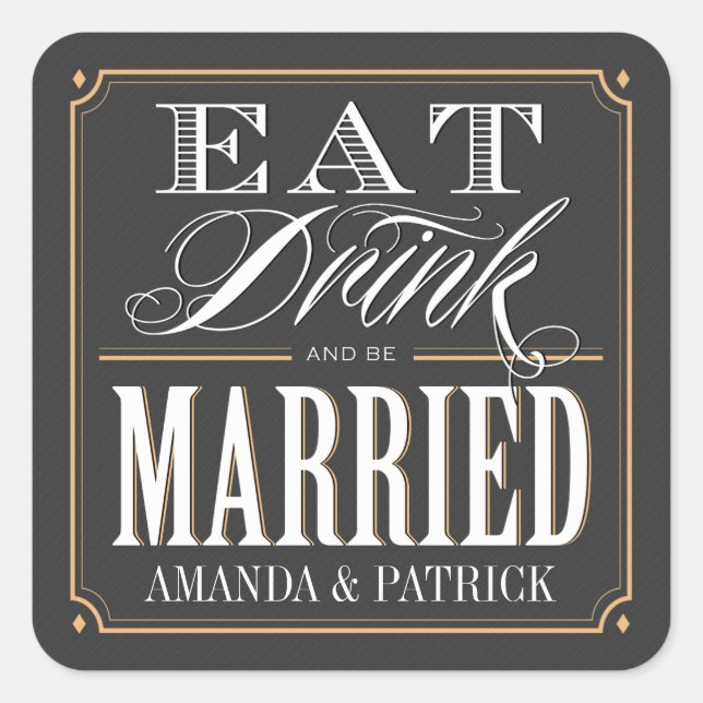 Pegatina Cuadrada Art Déco de época come y se casa con Boda (Anverso)