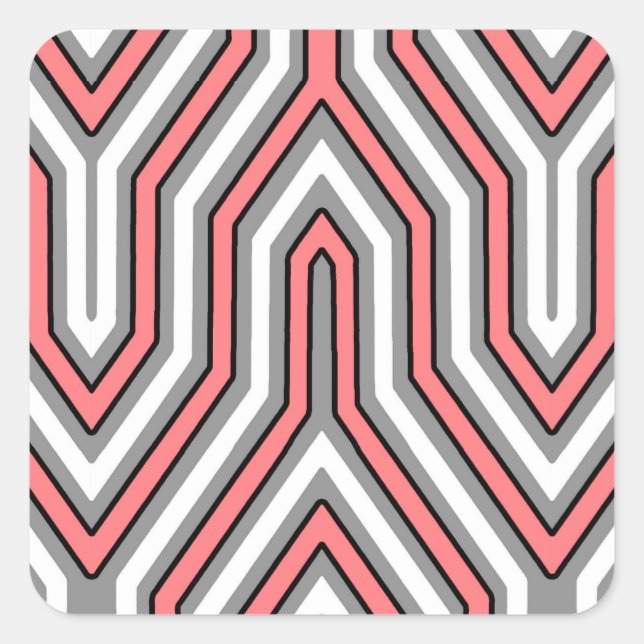 Pegatina Cuadrada Art Deco Geométrico - coral, gris y blanco (Anverso)