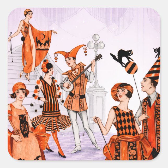 Pegatina Cuadrada Art Deco Halloween Illustration – Vintage 1920s (Anverso)