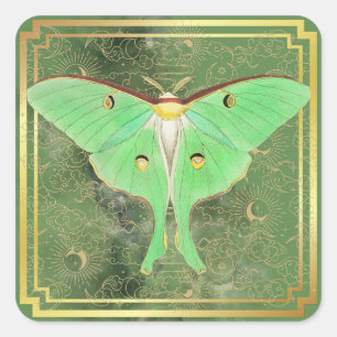 Pegatina Cuadrada Art Deco Luna Mariposa Verde
