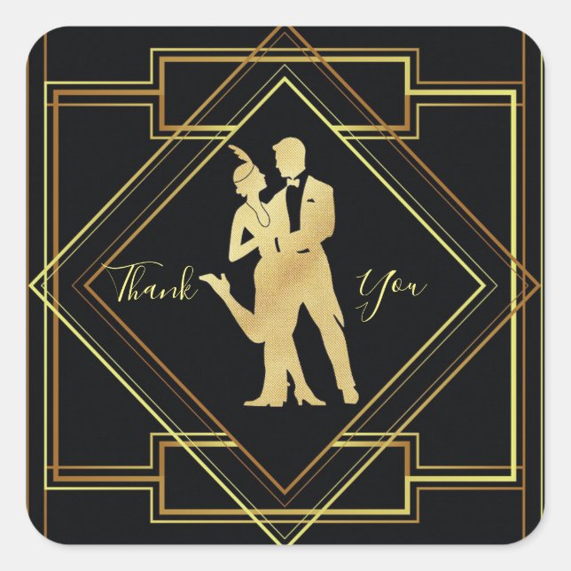 Pegatina Cuadrada Art Deco negro y oro de 20 años gracias (Anverso)