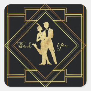 Pegatina Cuadrada Art Déco negro y oro rugiendo veinte años gracia