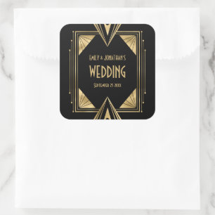 Pegatina Cuadrada Art Deco Nombres Fecha Boda Negro Oro