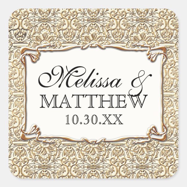 Pegatina Cuadrada Art Deco Nouveau Faux Gold Floral Damask Lace (Anverso)