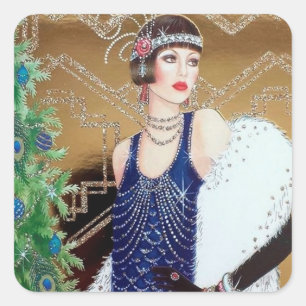 Pegatina Cuadrada Art deco retro vintage navidad dama