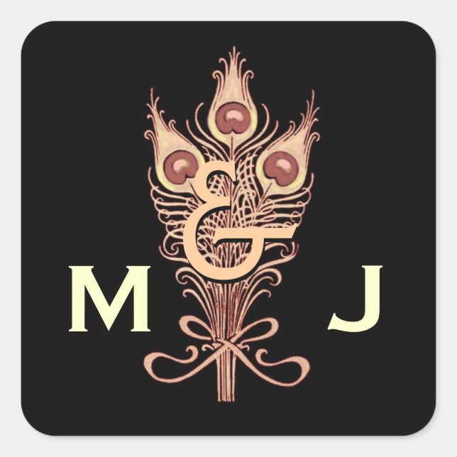 Pegatina Cuadrada Art Deco Tan Peacock Feathers Monograma Boda (Anverso)