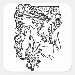 Pegatina Cuadrada Art Nouveau Alphonse Mucha salón blanco y negro
