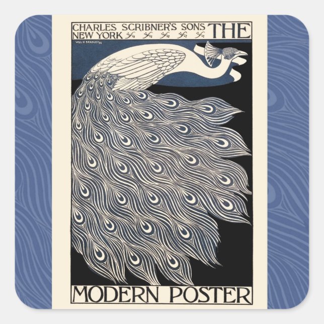 Pegatina Cuadrada Art Nouveau azul de Peacock (Anverso)