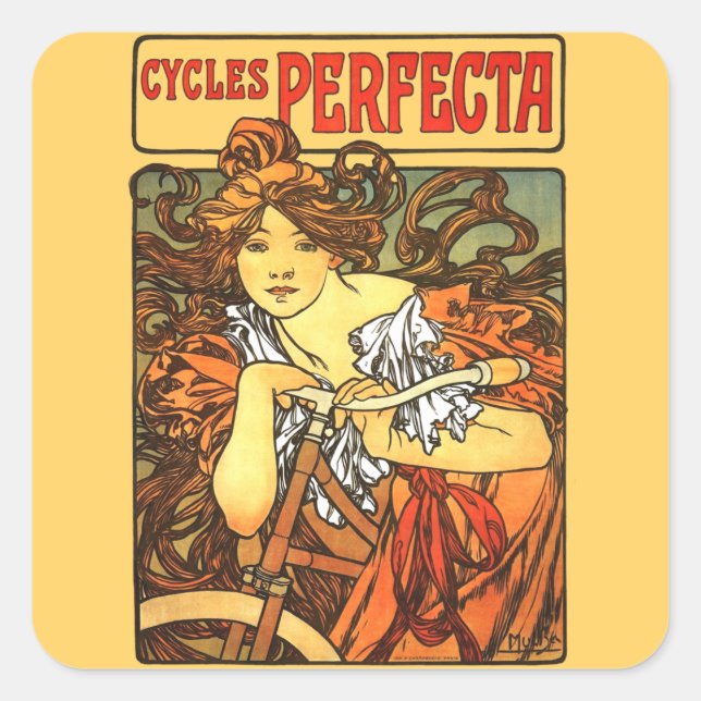 Pegatina Cuadrada Art Nouveau Bicycle Mucha Art (Anverso)