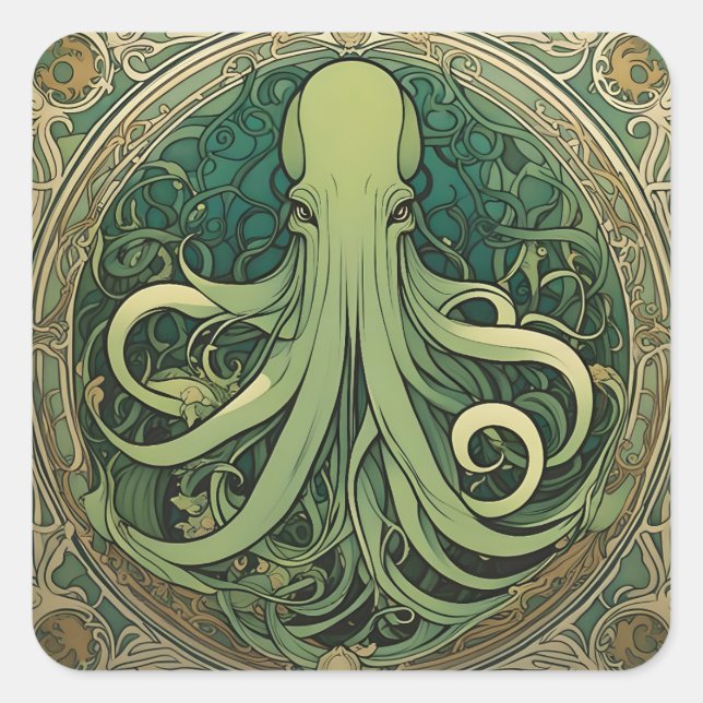 Pegatina Cuadrada Art Nouveau de Cthulhu (Anverso)