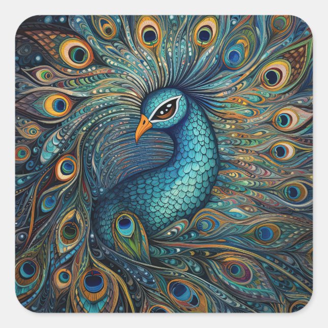 Pegatina Cuadrada Art Nouveau de Peacock (Anverso)