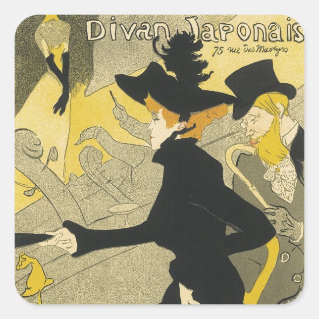 Pegatina Cuadrada Art Nouveau, Divan Japonais por Toulouse Lautrec (Anverso)