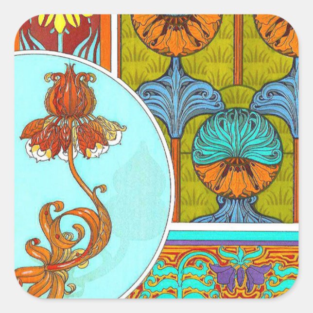 Pegatina Cuadrada Art Nouveau floral vintage vintage arte textil (Anverso)