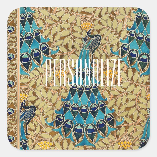Pegatina Cuadrada Art nouveau peacock textil deco verneuil azul (Anverso)