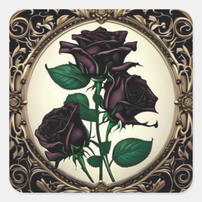 Pegatina Cuadrada Art Nouveau Rosa negro arte botánico (Anverso)