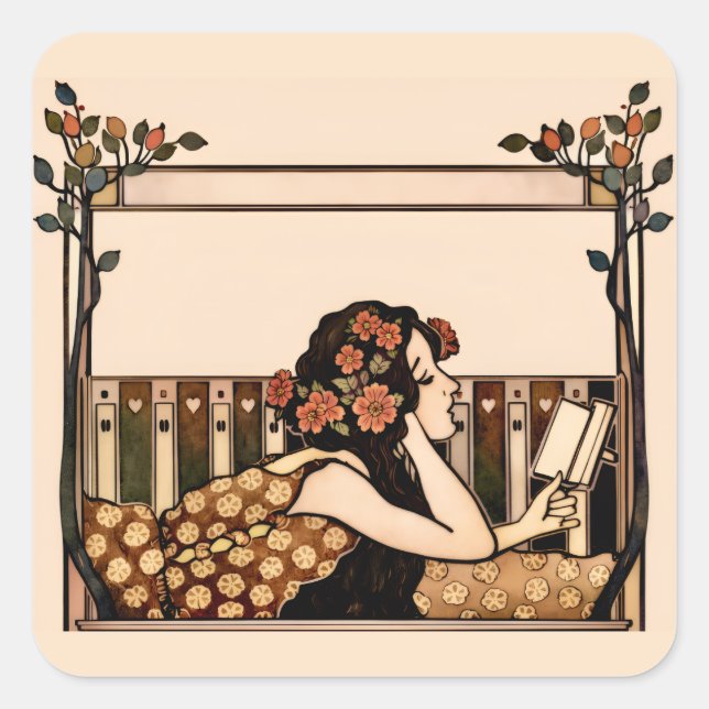 Pegatina Cuadrada Art Nouveau Vintage reader (Anverso)