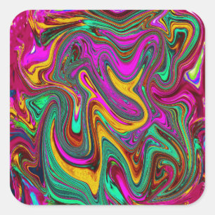 Pegatina Cuadrada Arte abstracto rosa caliente jaspeado y verde espu