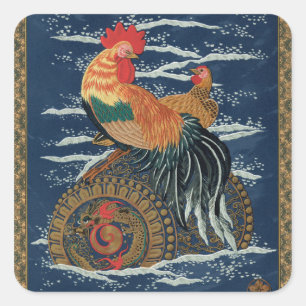 Pegatina Cuadrada Arte Antiguo de Gallo Gallina Dragón Japonés